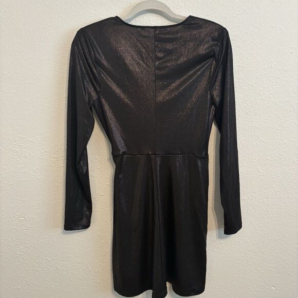 BCBGENERATION Womens Black Metallic Long Sleeve Wrap Dress Small Whimsigoth - Picture 4 of 7